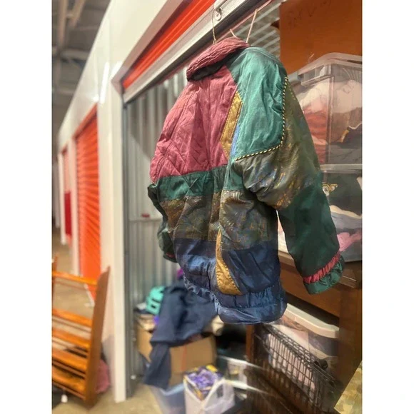 Vintage 80s groovy Bomber Jacket Metallic Teal Pink Gold Women's Size Large - Picture 9 of 12